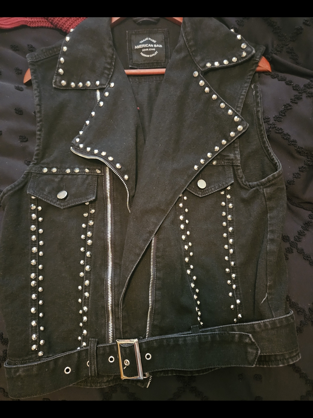 American Bazi Black Studded Denim Vest with Belt
